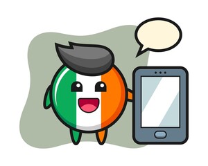 Ireland flag badge illustration cartoon holding a smartphone
