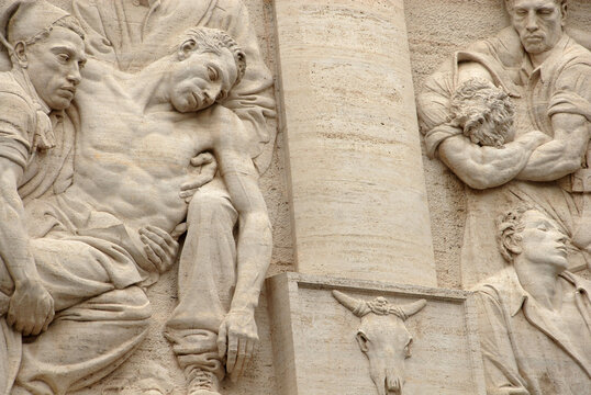 Sculptural bas-reliefs in the new courtyard of Palazzo Bo where the University of Padua is located
