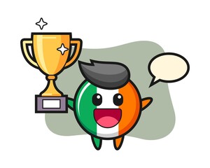 Cartoon illustration of ireland flag badge is happy holding up the golden trophy