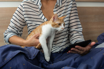 Unrecognizable woman making a video call sitting on her bed, with her cat in her arms.