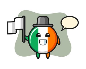 Cartoon character of ireland flag badge holding a flag