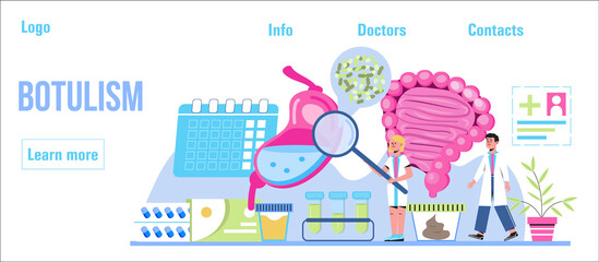 Botulism concept vector. Tiny doctors treat stomach, intestine. Food poisoning, botulinum toxin infection. Gastroenterology illustration for medical blog