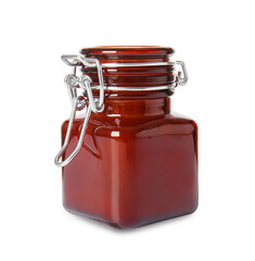 Wax candle in jar on white background