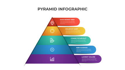 Pyramid infographic template with 5 levels, options, list diagram. Colorful layout for presentation, report, brochure, banner, etc.