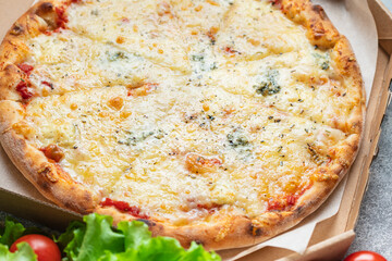 cheesy pizza fast food 4 cheese assorted types  ingredient portion on the table meal snack top view copy space food background image
