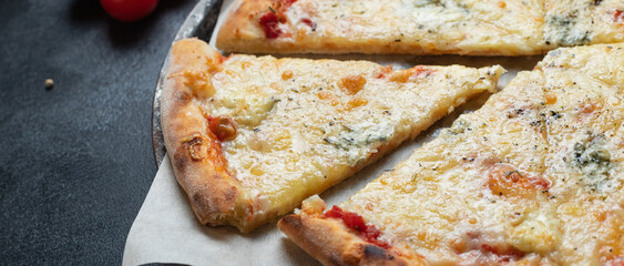 cheesy pizza fast food 4 cheese assorted types  ingredient portion on the table meal snack top view...