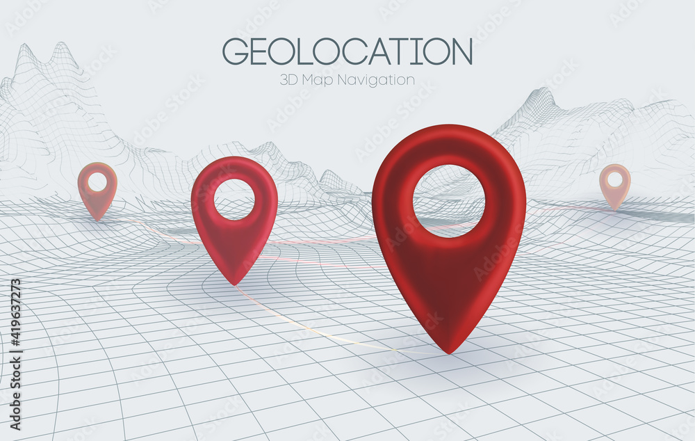 Poster wireframe landscape light background. 3d map navigation red pointers vector 3d illustration. busines