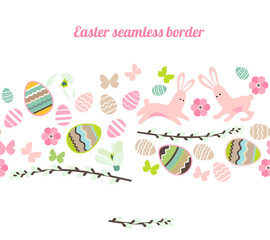 Endless horizontal border with festive painted eggs, stylized flowers and pretty rabbits. Endless border for your design.
