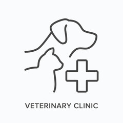 Veterinary clinic flat line icon. Vector outline illustration of cat and dog. Black thin linear pictogram for vet hospital