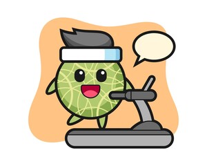 Melon cartoon character walking on the treadmill