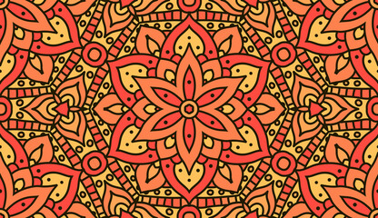 Oriental abstract orange floral print. Indian mandala pattern seamless vector design. Vector seamless pattern for fabrique.
