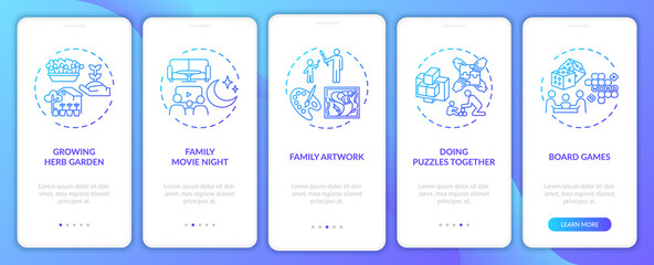 Indoor family activities onboarding mobile app page screen with concepts. Doing puzzles together walkthrough 5 steps graphic instructions. UI vector template with RGB color illustrations