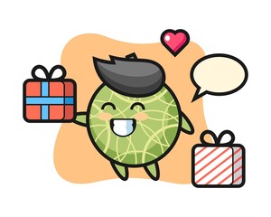 Melon mascot cartoon giving the gift