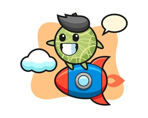 Melon mascot character riding a rocket