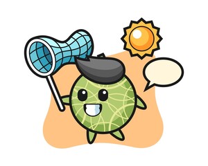 Melon mascot illustration is catching butterfly