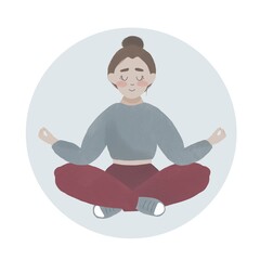 The girl is engaged in yoga. Dark hair, green suit. Lotus position