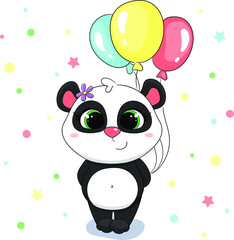 Naklejka premium Cute cartoon panda girl with balloons. Children's illustration. Vector.