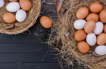 Fresh eggs on the table in organic farms- top view.