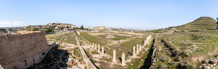 The panoramic  view of the ruins of the outer part of the palace of King Herod - Herodion,in the Judean Desert, in Israel