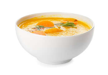 Bowl of tasty carrot cream soup on white background