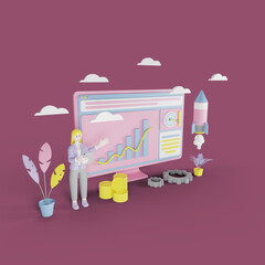 3d render illustration woman presenting her success work