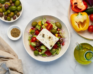 Greek village salad horiatiki with feta cheese and vegetables, vegeterian mediterranean food, low calories keto dieting meal