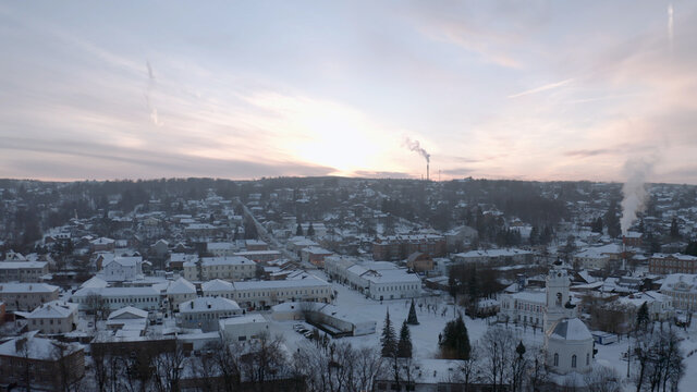 Aerial View Of Russian Winter Countryside Tarusa. Flying Over Village, Orthodox Church, River, Snow