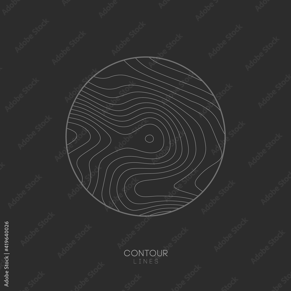 Poster topographic map circle logo concept on dark background. topo map elevation lines. contour vector abs
