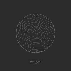 Topographic map circle logo concept on dark background. Topo map elevation lines. Contour vector abstract vector illustration.