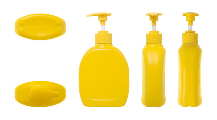 Yellow bottle dispenser of soap isolated on white background.