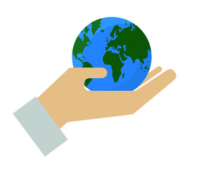 Save the planet. Hand palm and Earth. Vector flat illustration 