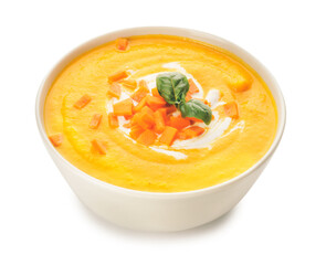 Bowl of tasty carrot cream soup on white background