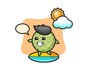 Illustration of melon cartoon do surfing on the beach