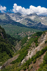 View of  the Tzoumerka Mountains and the traditional village of Theodoriana in Epirus, Greece