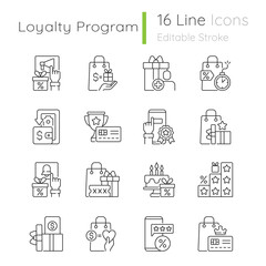Loyalty program linear icons set. Purchase things and getting bonus. Discount card. Customizable thin line symbols. Isolated vector outline illustrations. Editable stroke