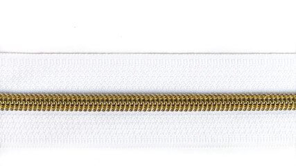 White zipper with gold teeth isolated on white background. Clothing fastener.	