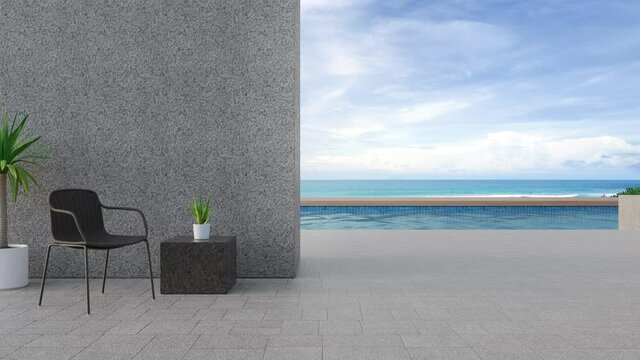 Chair on terrace near swimming pool in modern beach house or luxury villa. Concrete deck 3d rendering with sea view.