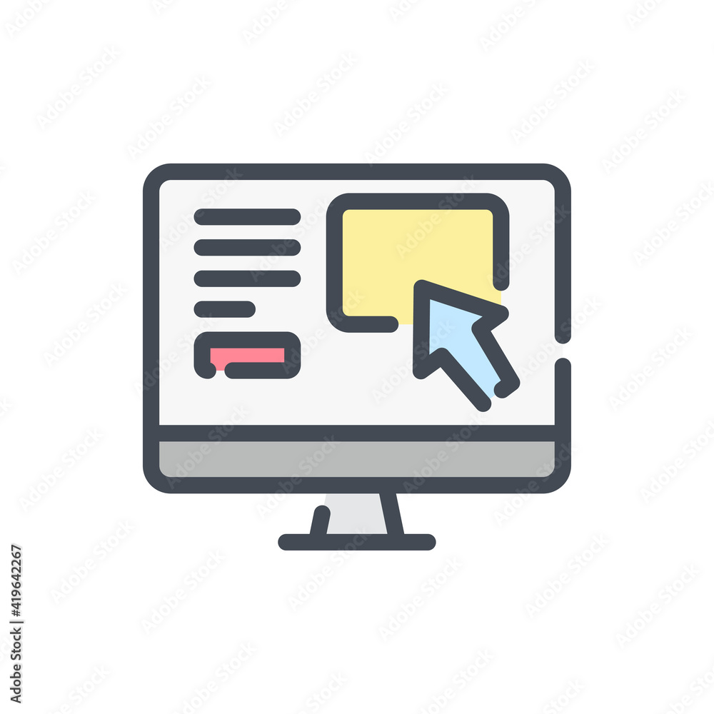 Poster product selection on the site color line icon. computer with website vector outline colorful sign.