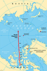 Fototapeta na wymiar Magnetic North Pole drift, political map. The North Magnetic Pole of Earth moves over time, according to magnetic changes in the core, across Canadian Arctic, over Arctic Ocean towards Siberia. Vector