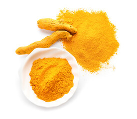 Bowl with turmeric powder and roots on white background