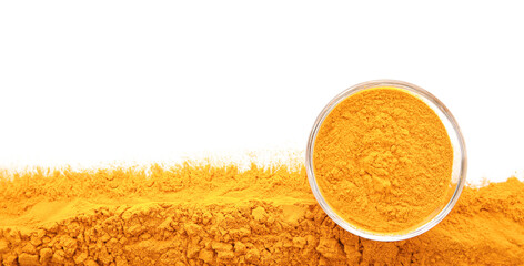 Bowl with turmeric powder on white background