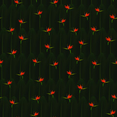 Tropical seamless pattern of flowers bird of Paradise (strelitzia) on the background of palm leaves. Exotic illustration of jungle plants.