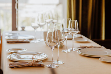 Lunch tablecloth with received name plate in restaurant.