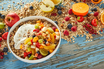 Tasty breakfast with muesli and various fruits and berries