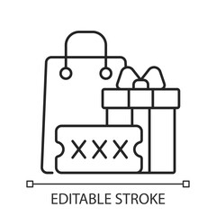 Promo code for purchase bonus black linear icon for light theme. Discount coupons and promo codes. Thin line customizable illustration. Isolated vector contour symbol for night mode. Editable stroke