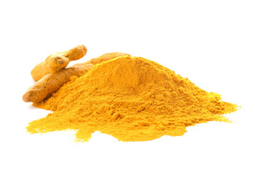 Heap with turmeric powder and roots on white background