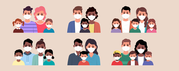 Set of family wearing mask to prevent from corona virus.Young parents and children wearing mask. Vector illustration