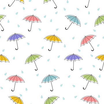 Seamless pattern with colored umbrellas. White background. Vector illustration