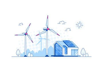 Landscape with Modern House, Solar Panels and Wind Turbines. Eco House, Energy Effective House, Green Energy concept banner design. Flat style vector illustration. © Dzianis Rakhuba