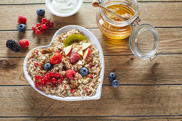 Healthy breakfast food on timber table